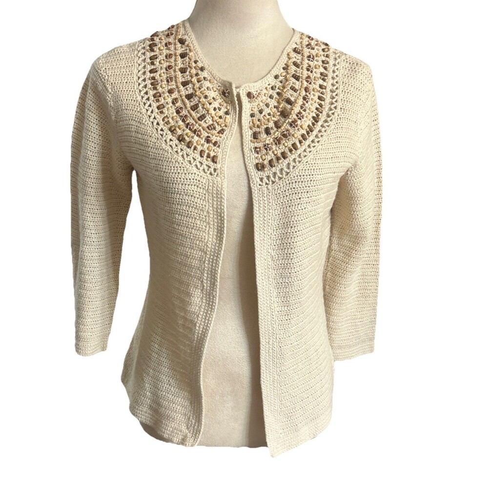 Jones New York Womens PM Linen Cotton Crochet Cream Beaded Cardigan Sweater